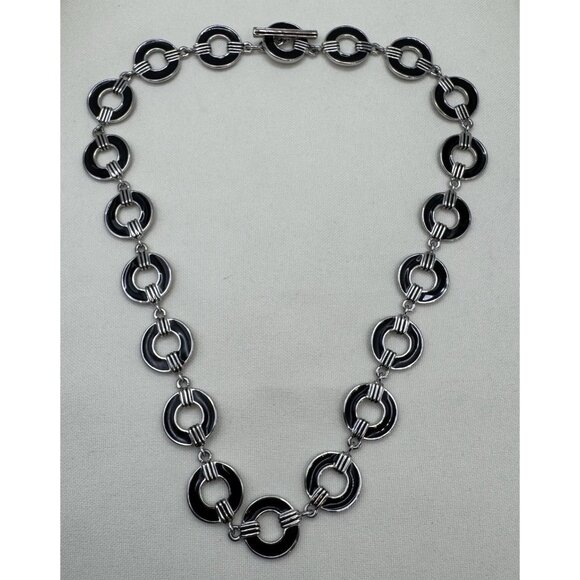 Ralph Lauren Silvertone Black Enamel Circle Ribbed Connecter 18" Toggle Necklace - Picture 6 of 8